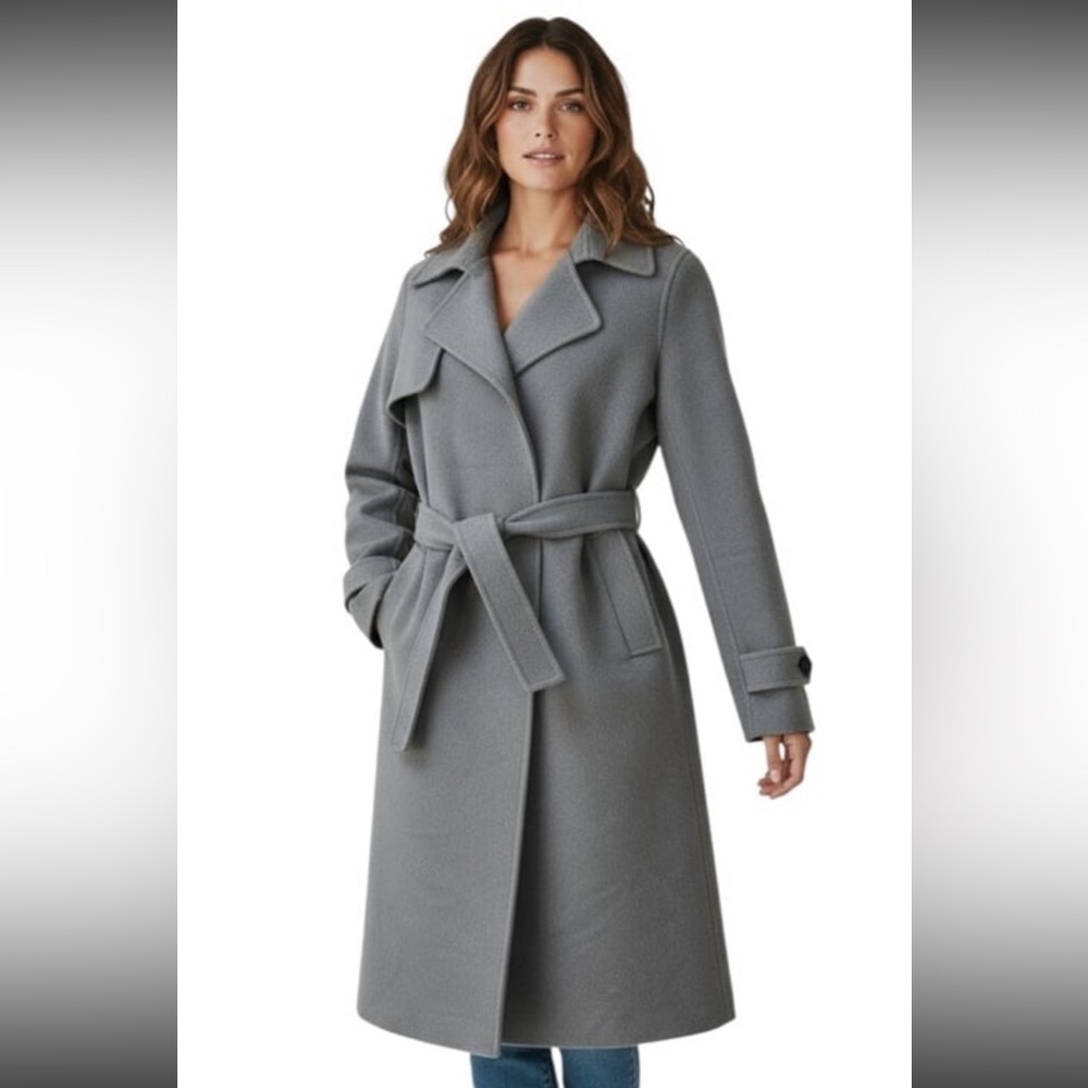 NWT Magaschoni Gray 100% Wool Belted Coat Women’s Size SMALL Mid Length